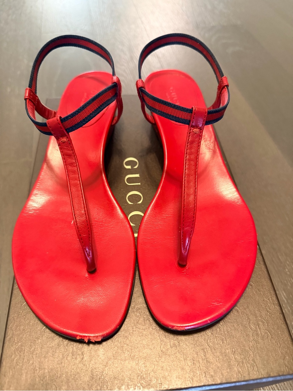 Gucci Red Leather T-Strap Sandals with Navy Webbing Sling